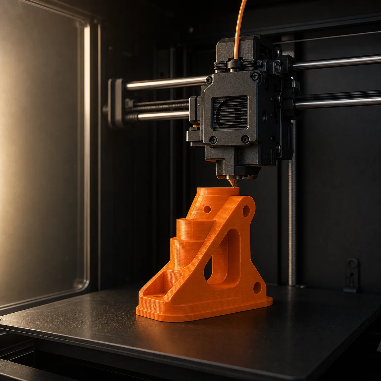 An enclosed 3D printer producing an orange precision component